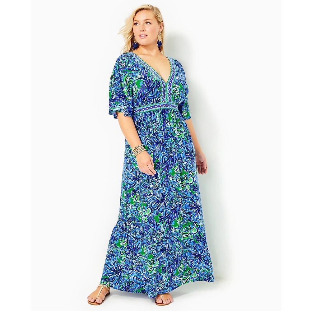 Lilly Pulitzer Addison Floral Maxi Dress Size 14 Abaco Blue Turtle Awe Preppy